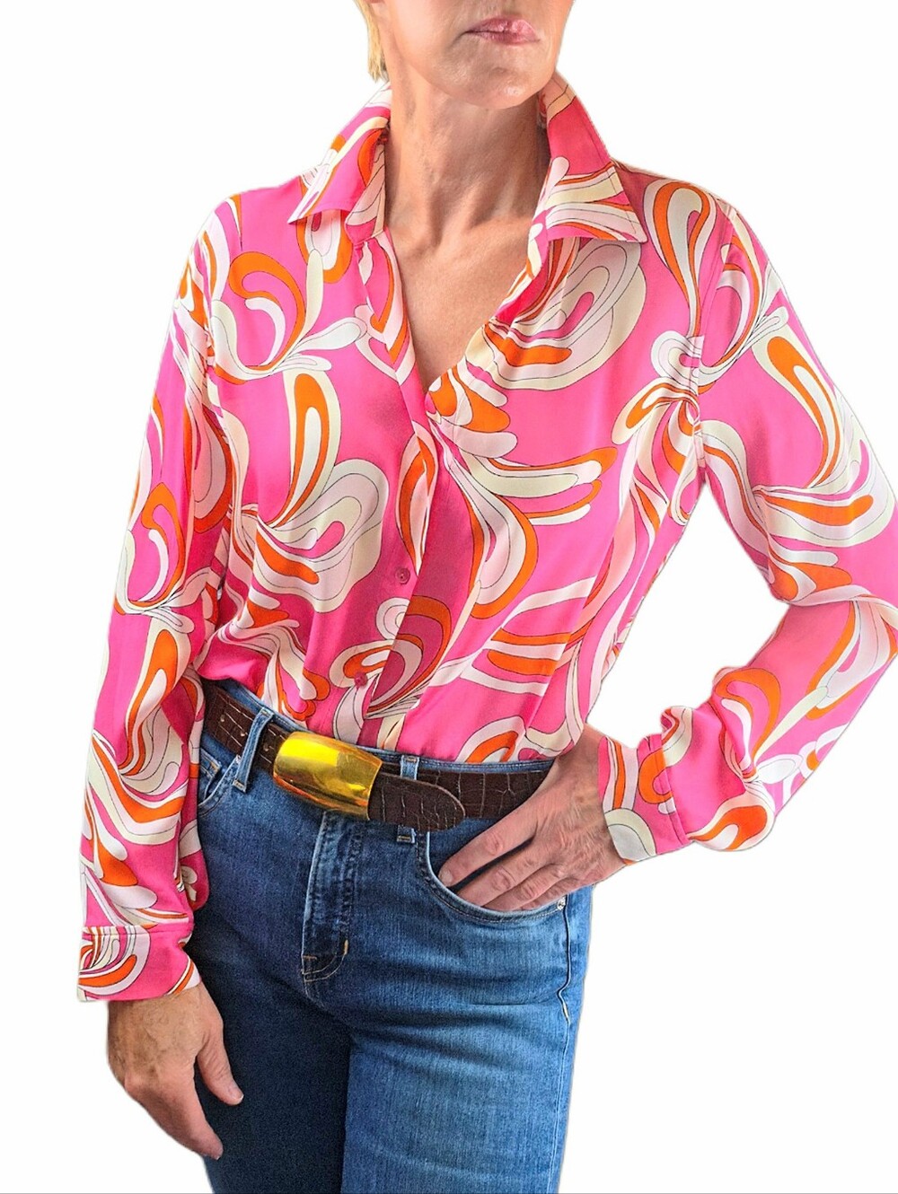 L'AGENCE Nina Long Sleeve Blouse In Orange & Rose Abstract Swirl - Picture 10 of 13